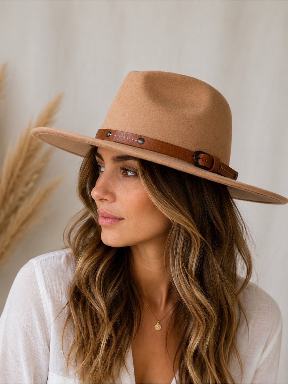 Anthropologie Camel Wide-Brim Fedora with Brown Leather Band